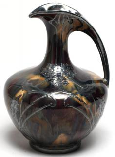 Appraisal: Art Nouveau Glazed Porcelain Silver Overlay Ewer The mottled brown