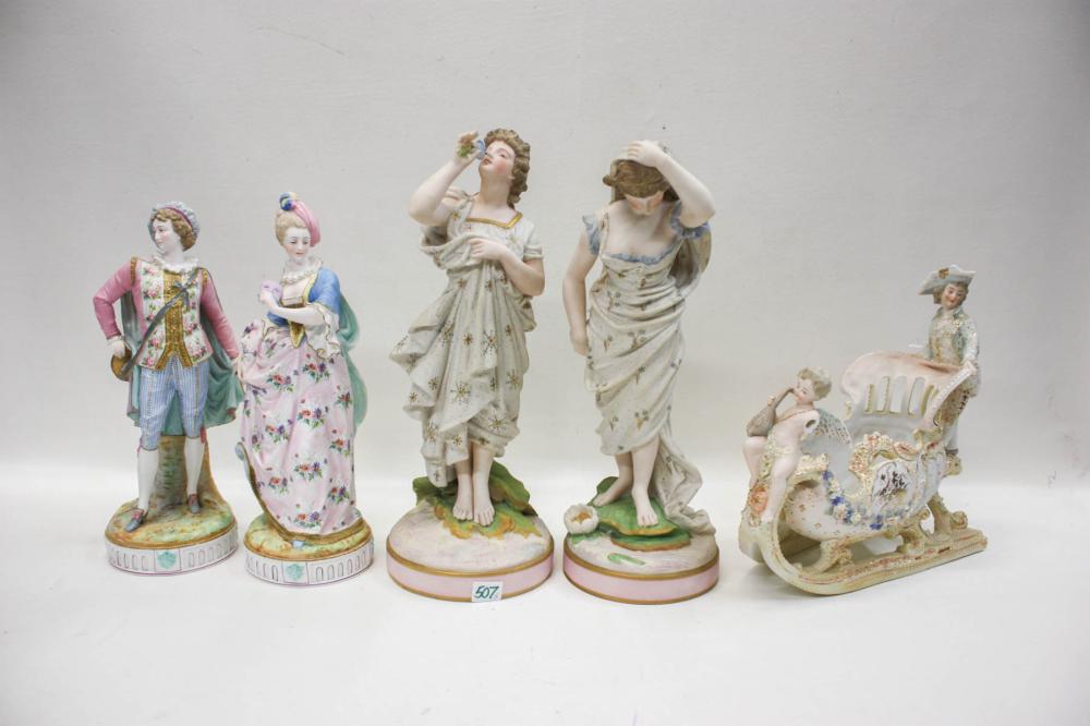 Appraisal: FIVE BISQUE PORCELAIN SCULPTURES comprised of a pair of th