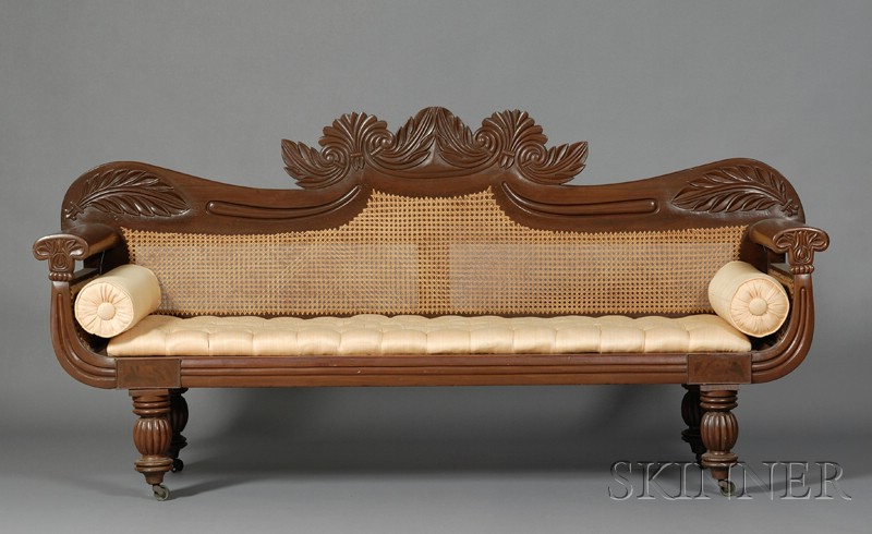 Appraisal: Neoclassical Mahogany Carved Caned Sofa Caribbean Islands second quarter th