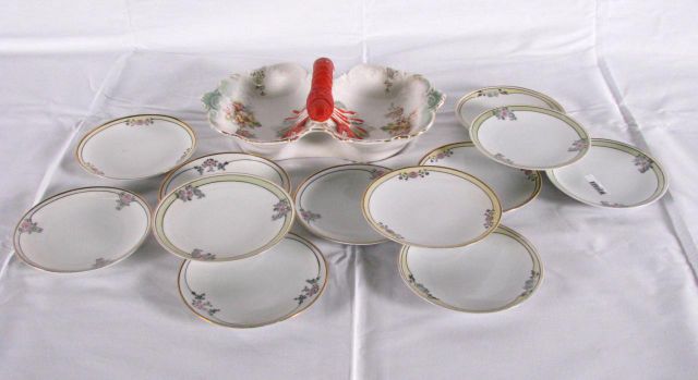 Appraisal: Divided porcelain bowl with lobster motif handle and floral decoration