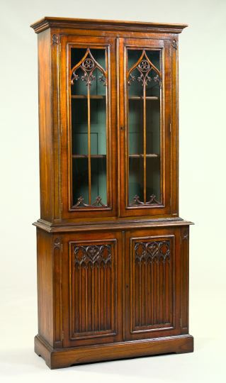 Appraisal: Gothic-Style Mahogany Bookcase in two parts the upper case with