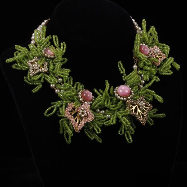 Appraisal: Miriam Haskell Pink Green Glass Beaded Floral Necklace