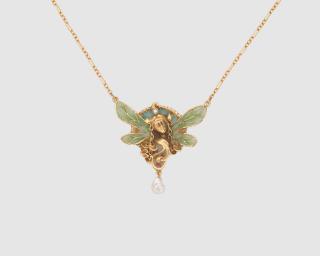 Appraisal: K Yellow Gold Plique-a-jour Pearl and Diamond Necklacethe Art Nouveau