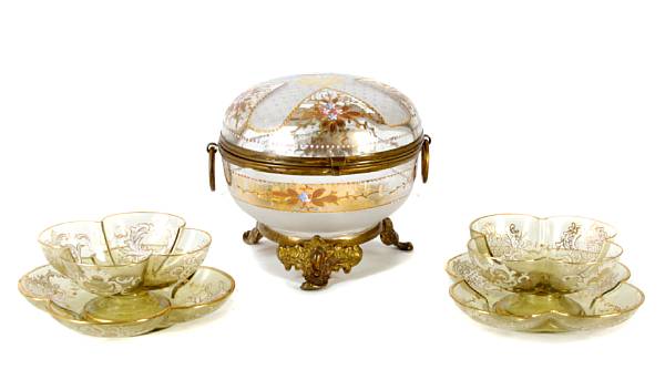 Appraisal: A Continental gilt metal mounted circular enamel decorated glass table