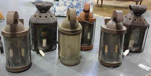 Appraisal: Lot of Tole Tin Lantern Style Sconces Includes helmet shaped