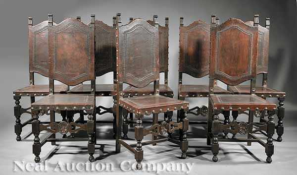 Appraisal: A Set of Twelve Antique Baroque-Style Walnut and Tooled Leather