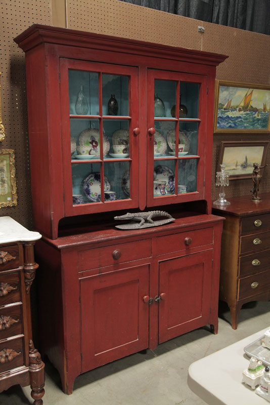 Appraisal: TWO PIECE WALL CUPBOARD Red stained and square nail constucted