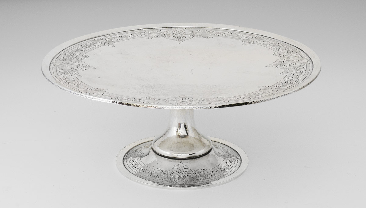 Appraisal: GORHAM STERLING PEDESTAL CAKE PLATE Hand hammered and engraved designs