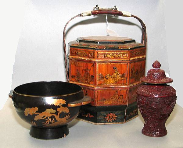 Appraisal: Three Asian decorations The first a Chinese molded cinnabar lacquer