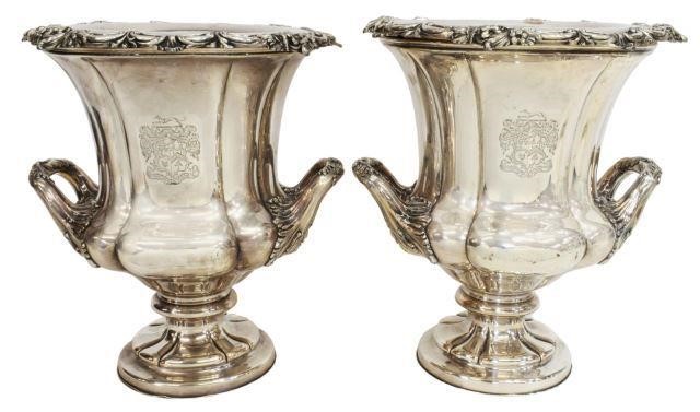 Appraisal: pair Large English silver plate wine coolers both bearing the