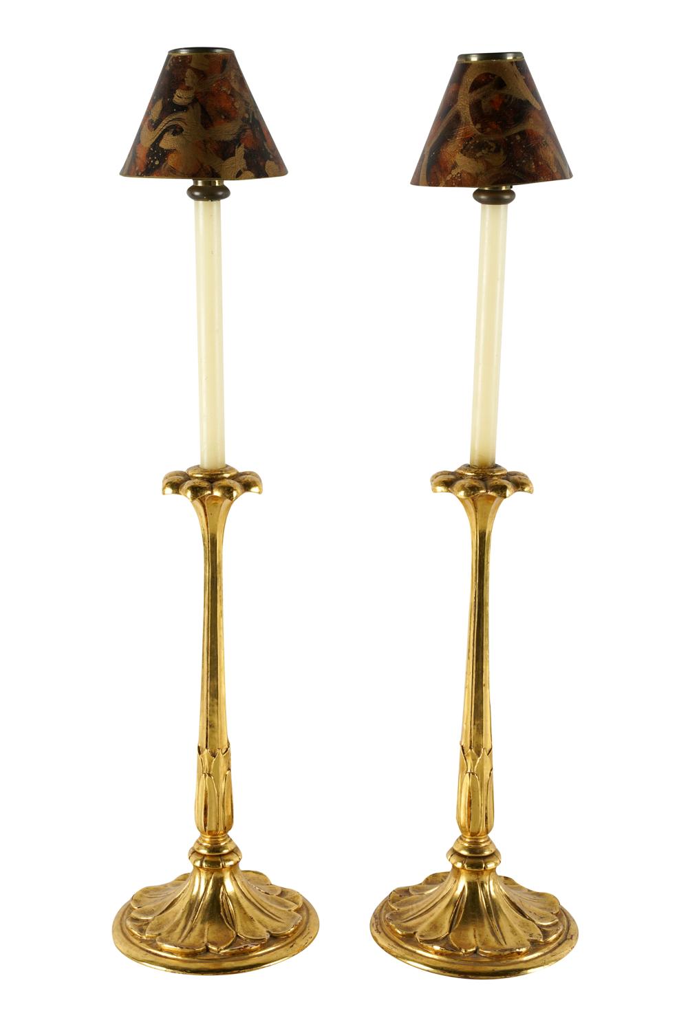 Appraisal: PAIR OF CARVED GILTWOOD CANDLE STANDSeach with a painted paper