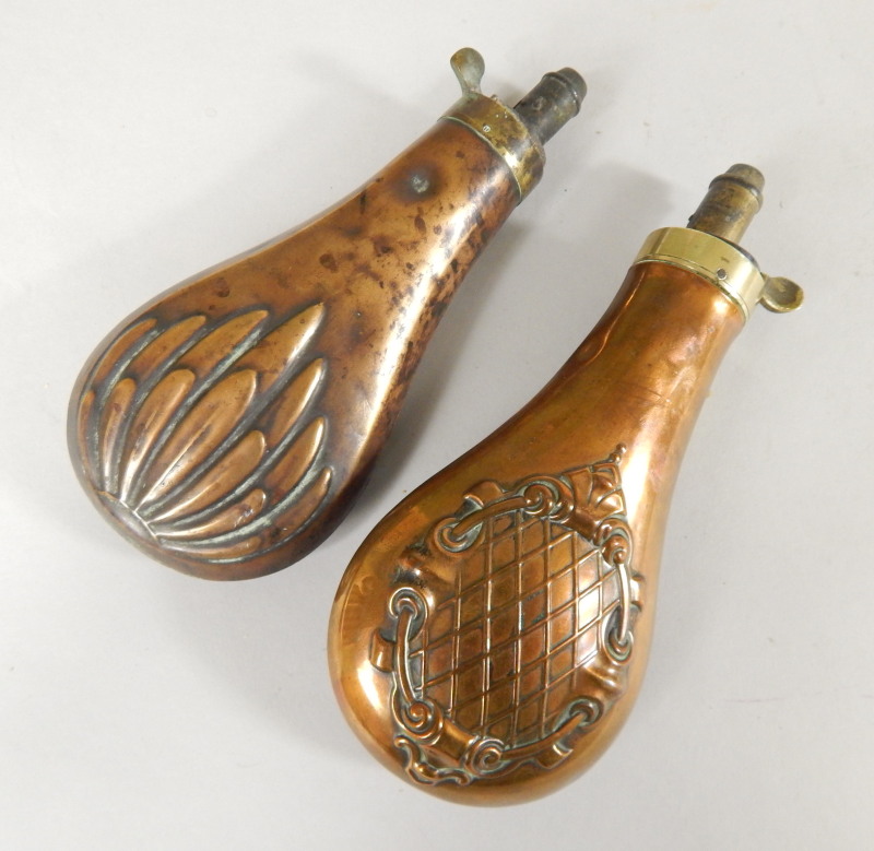 Appraisal: Two thC copper and brass powder flasks