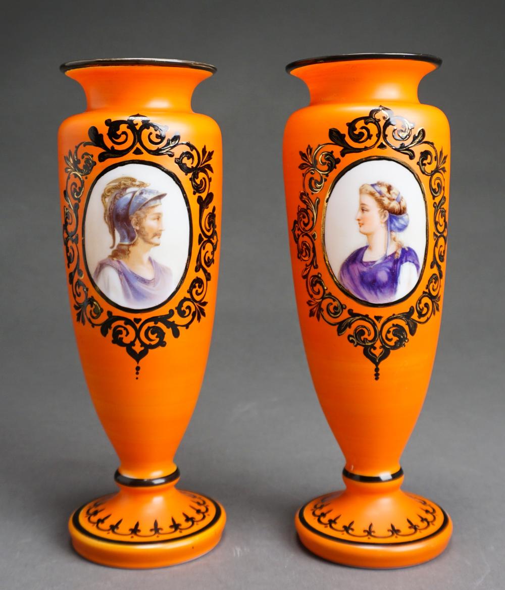 Appraisal: Pair Continental Hand Painted Glass 'Portrait' Urns H in cm