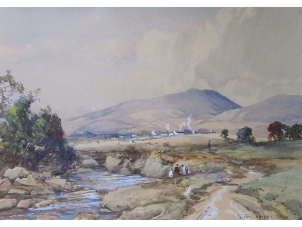 Appraisal: TOM CAMPBELL - Watercolour Highland landscape with figures signed x