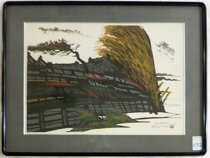 Appraisal: KAM KAMADA WOODCUT Japan th century Windy landscape Image measures