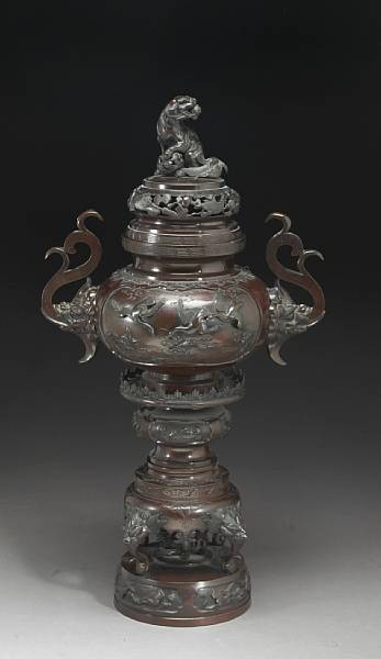 Appraisal: A massive bronze urn-form incense burner Meiji Taisho Period Cast