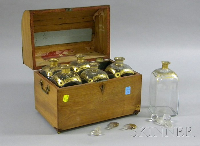 Appraisal: Wooden Liquor Box with Six Blown and Gilt Bottles including