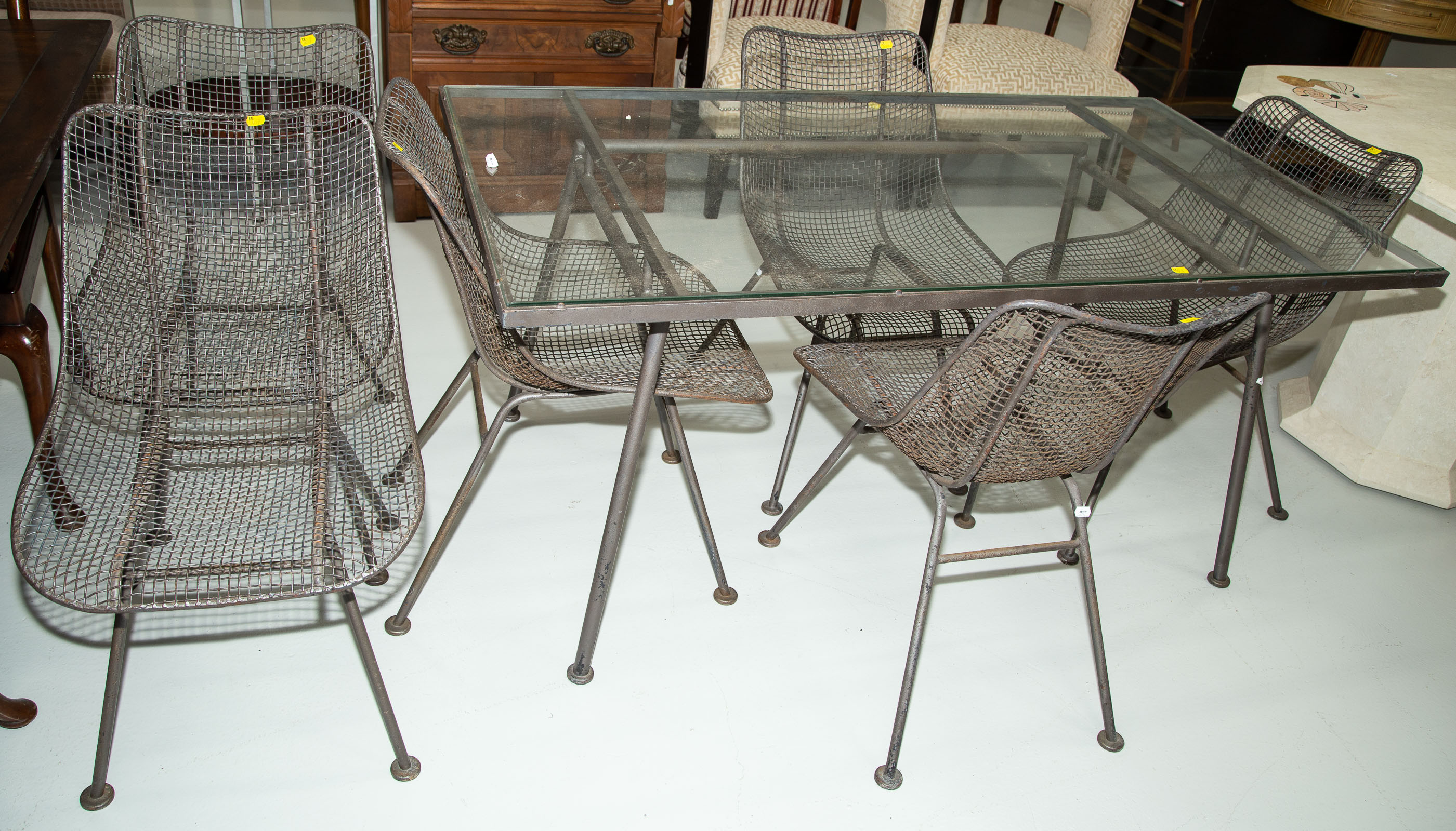 Appraisal: METAL GLASS TOP PATIO TABLE SIX CHAIRS Table approximately in