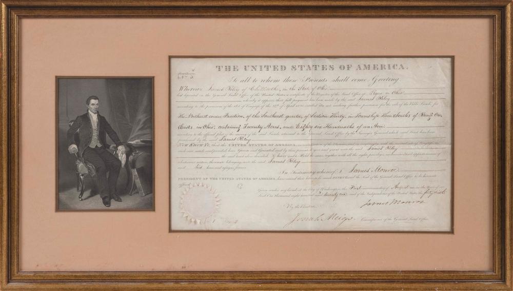 Appraisal: PRESIDENT JAMES MONROE AUTOGRAPHED LAND GRANT DATED AUGUST FRAMED X