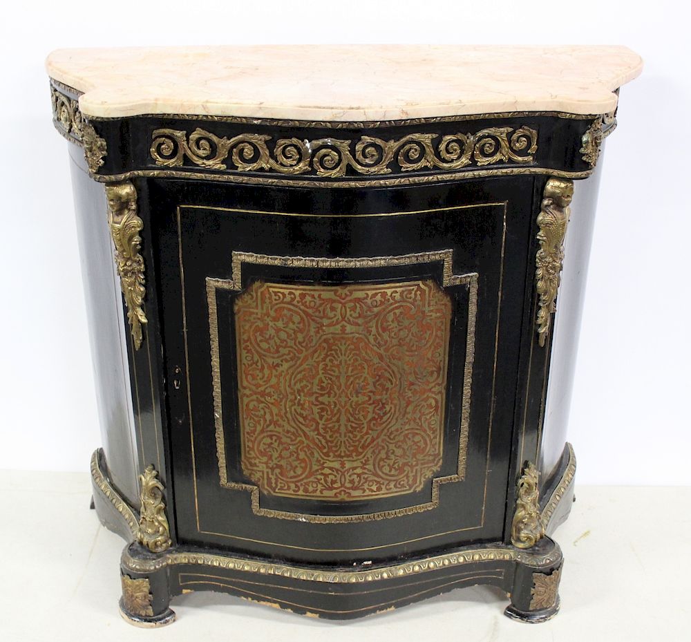 Appraisal: Vintage Gilt Metal Mounted Marbletop Boulle Cabinet From an Armonk