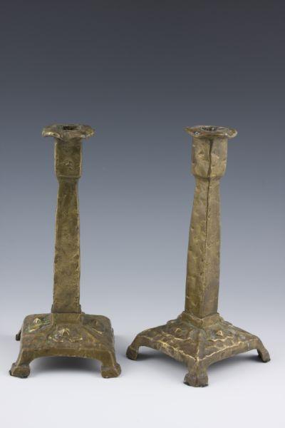 Appraisal: Pair of Arts Crafts Brass Candlesticks hand-hammered dated and inscribed