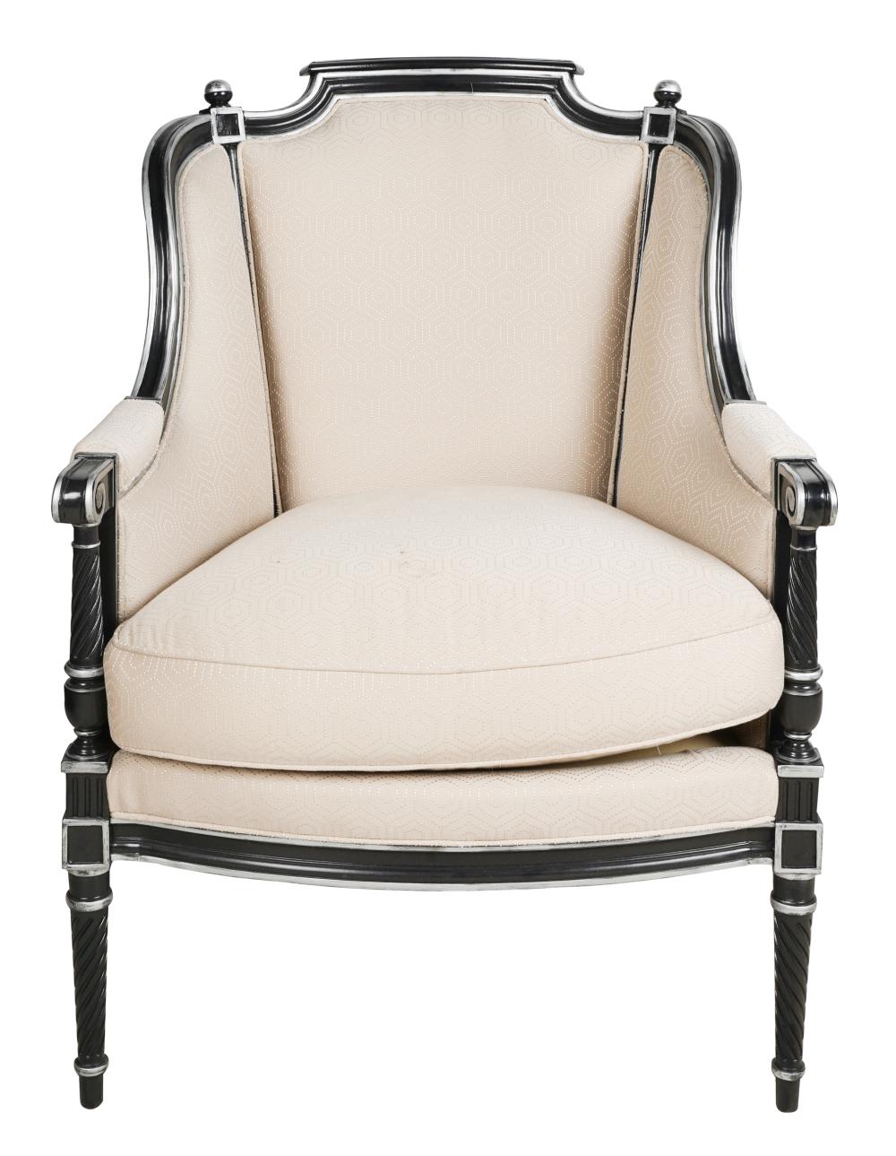 Appraisal: HICKORY CHAIR EBONIZED WOOD BERGEREwith manufacturer's label with silver-painted borders