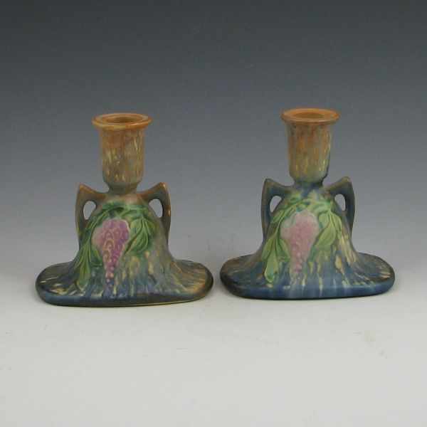 Appraisal: Roseville Wisteria - '' candleholders in blue One is marked