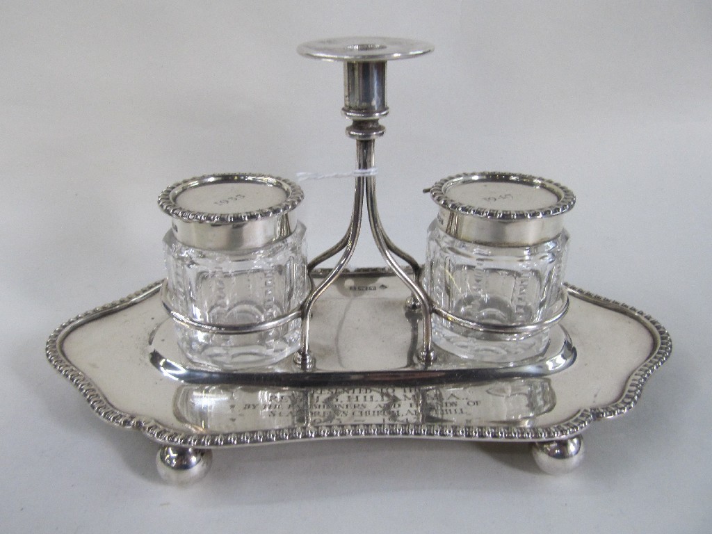 Appraisal: Edwardian silver inkstand with integral candleholder Sheffield