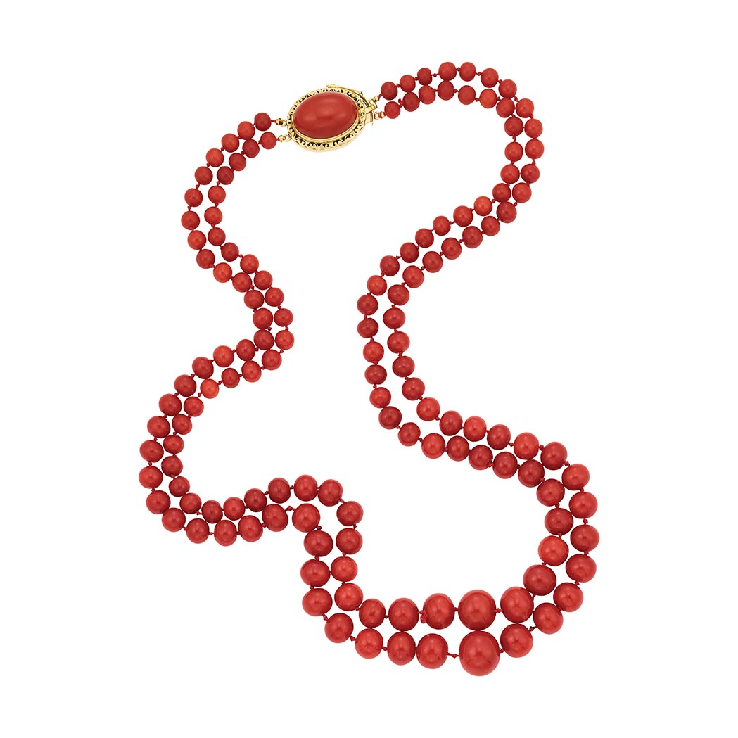 Appraisal: Long Double Strand Oxblood Coral Bead Necklace kt composed of