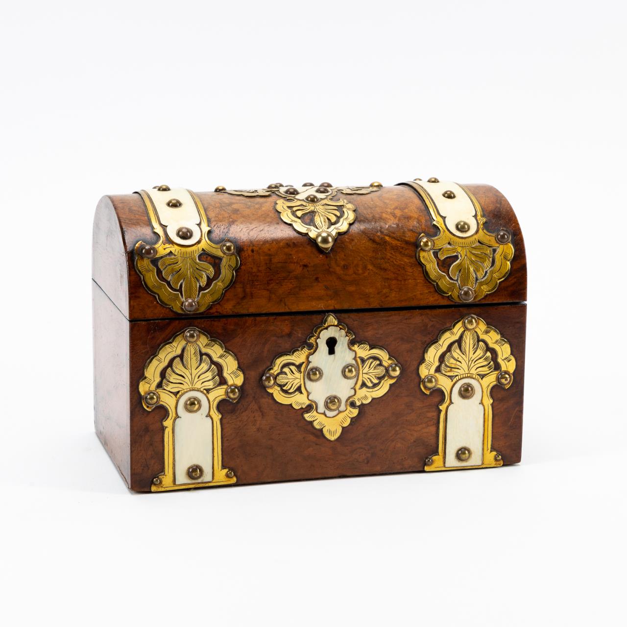 Appraisal: TH C BRASS BONE BOUND BURL WALNUT TEA CADDY English