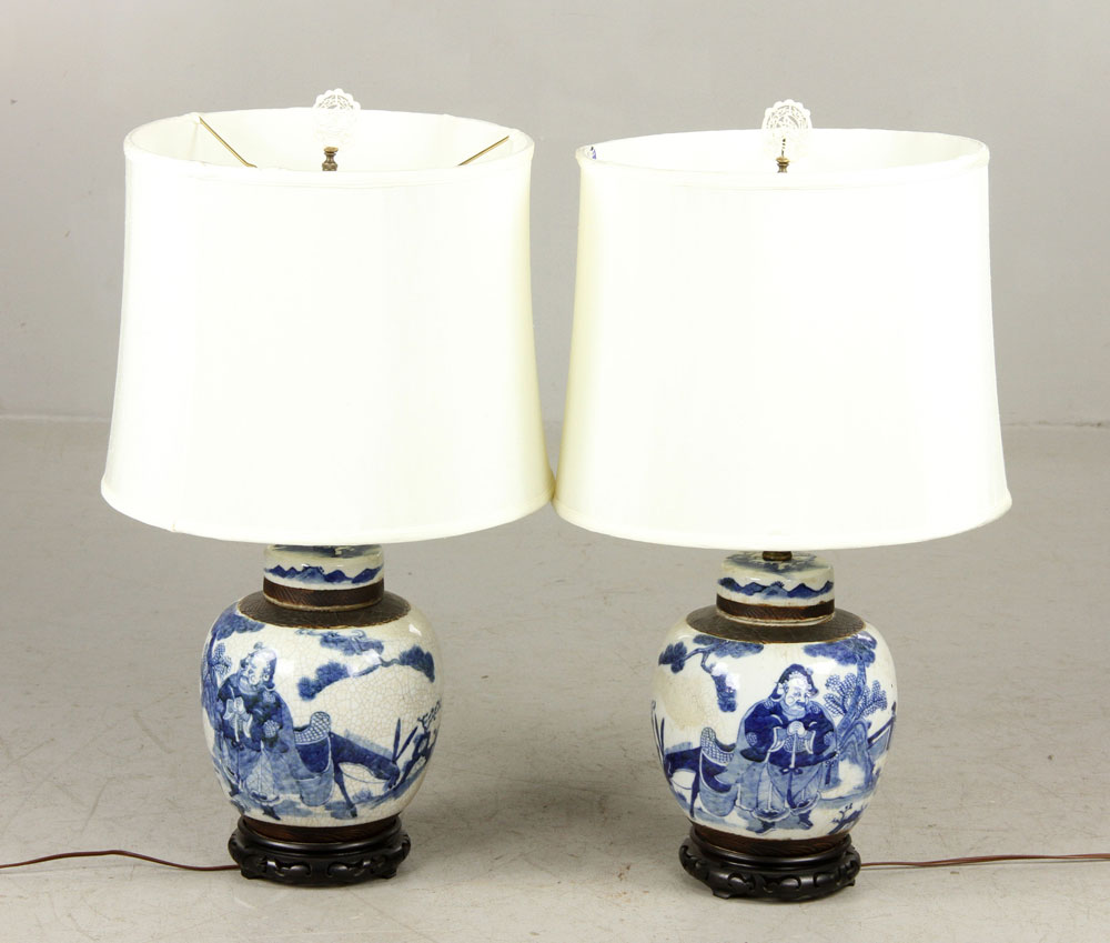 Appraisal: - Pr th C Asian Blue and White Jars Lamps