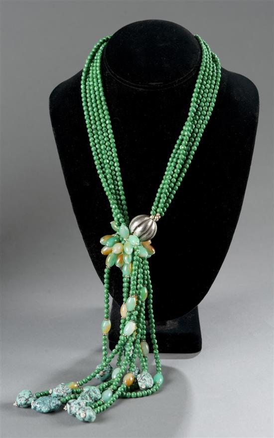 Appraisal: Malachite turquoise and jade necklace Artistic design signature piece necklace