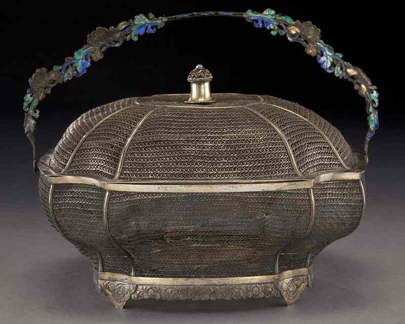 Appraisal: Chinese Qing export enamel over silver reticulatedbasket with enameled handle