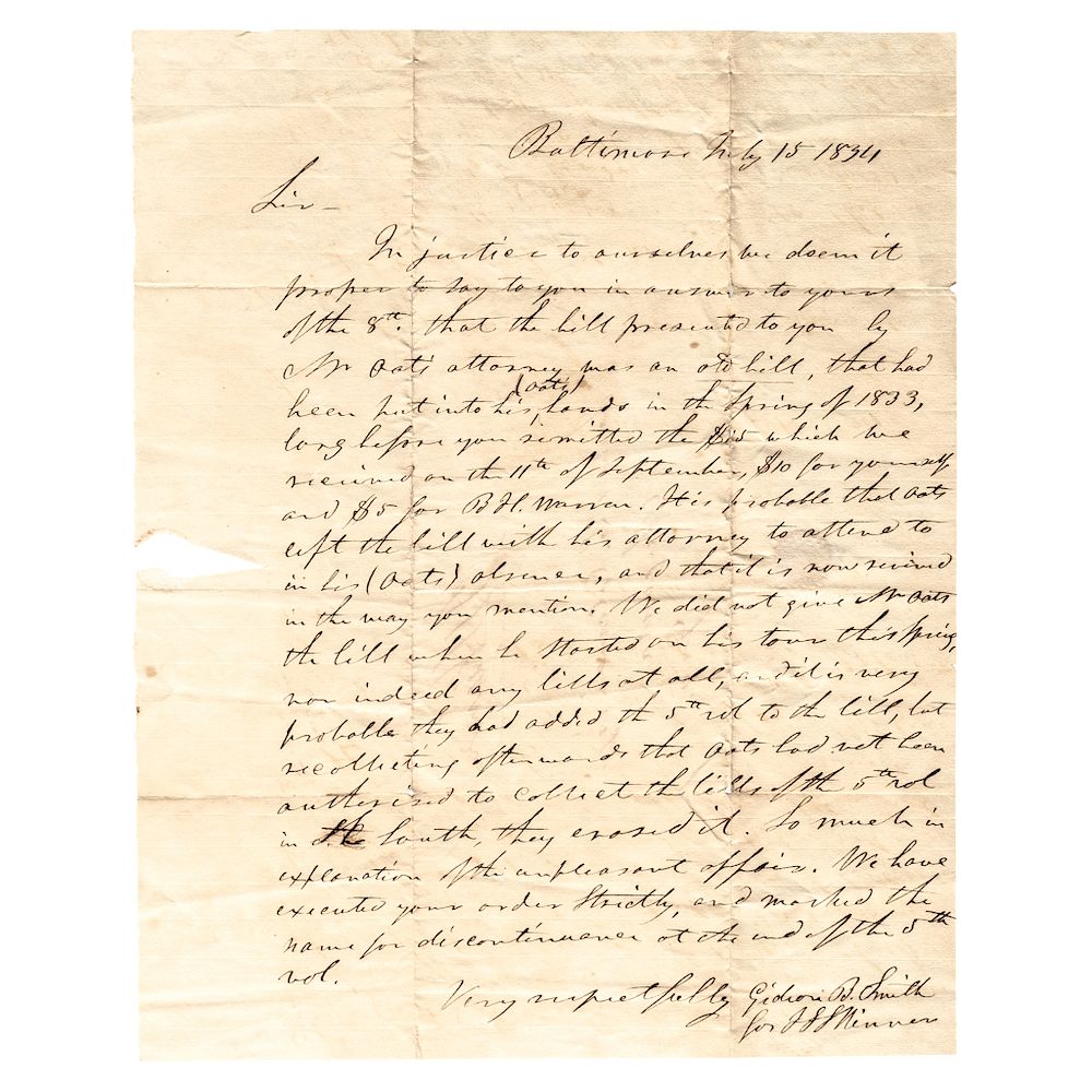 Appraisal: Editor JOHN S SKINNER Autographed Letter American Turf and Sporting