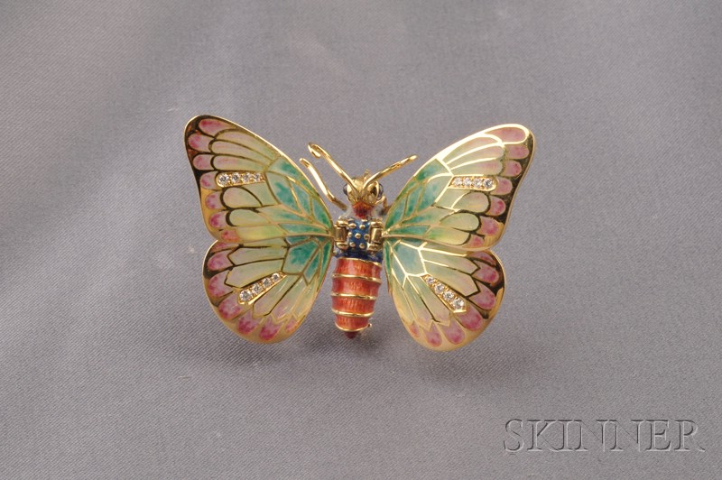 Appraisal: kt Gold Plique-a-jour Enamel and Gem-set Butterfly Brooch Ruven Perelman