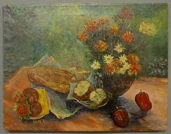 Appraisal: Oil on canvas still life painting of flowers loaf of