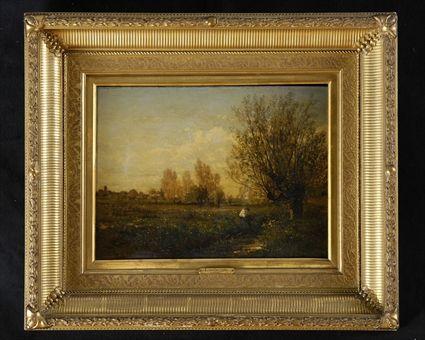 Appraisal: EMILE LAMBINET - LANDSCAPE WITH FIGURES Oil on wood panel