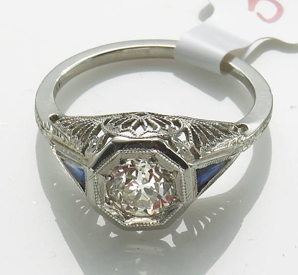 Appraisal: An art deco diamond sapphire and k white gold ring