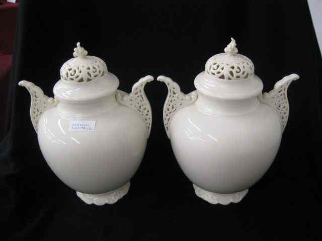 Appraisal: Pair of Lenox Porcelain Covered Urns elaborate openwork handles tops