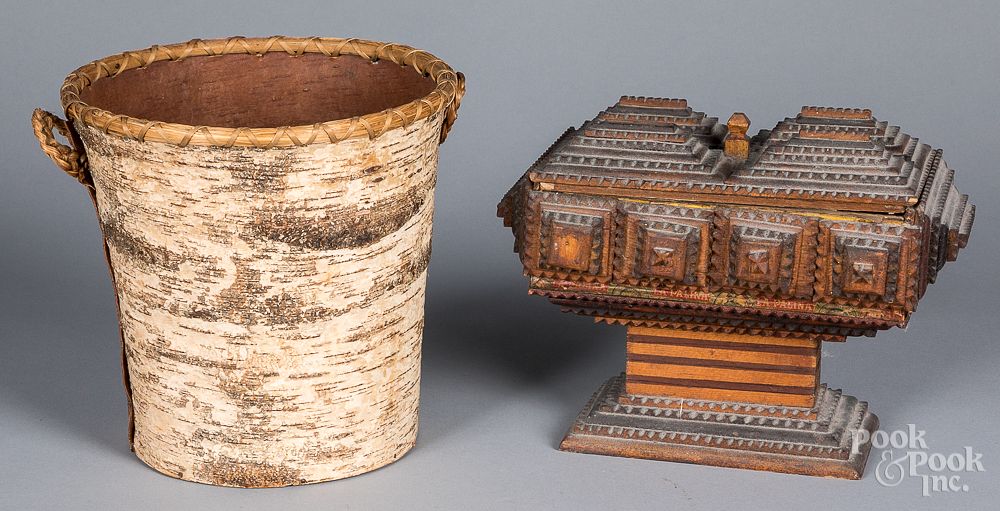 Appraisal: Birch bark basket together with a tramp art box Birch