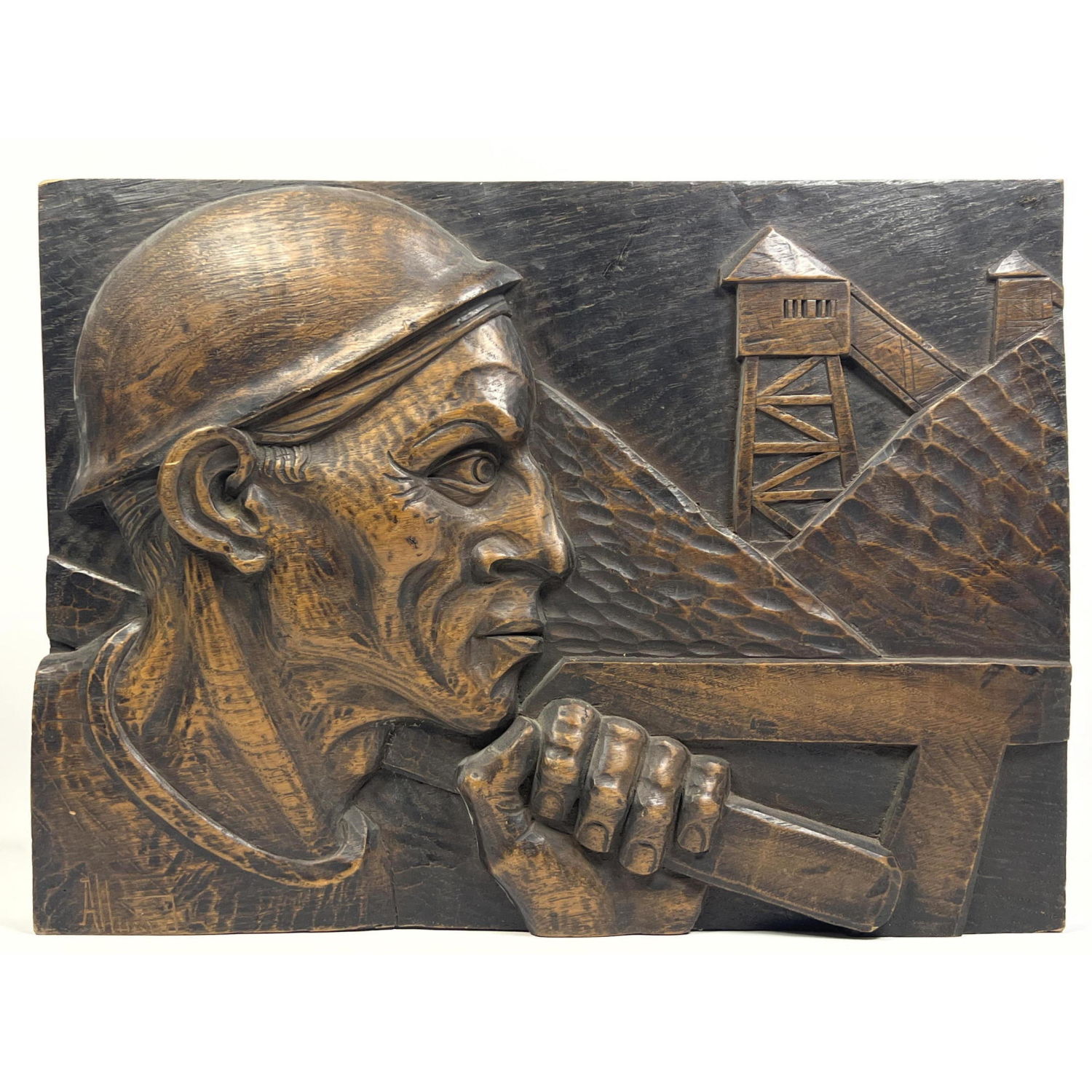 Appraisal: Constantin Meunier Mining Heavy detailed wood carving Purchased from Belgium