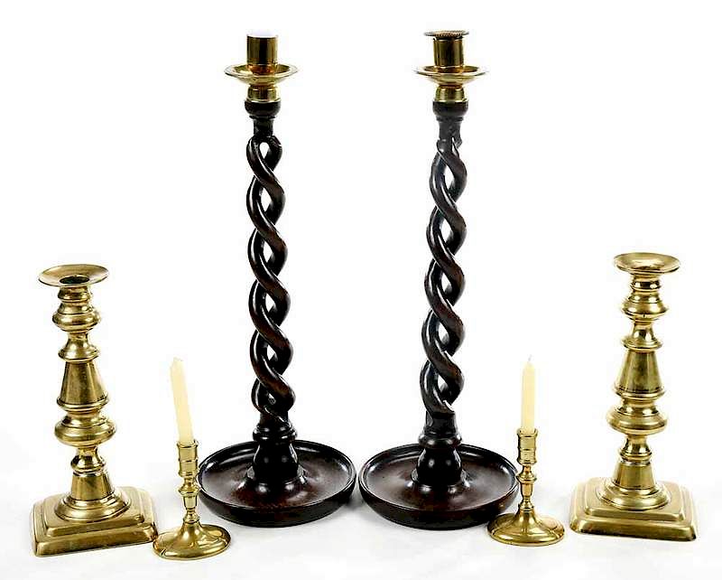 Appraisal: Three Pairs of Candlesticks Barley Twist Wood probably British pair