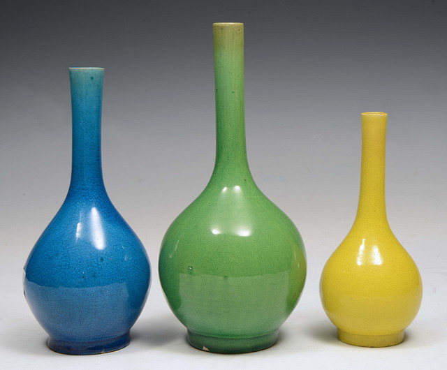 Appraisal: THREE CHINESE BOTTLE VASES yellow apple green and turquoise glaze