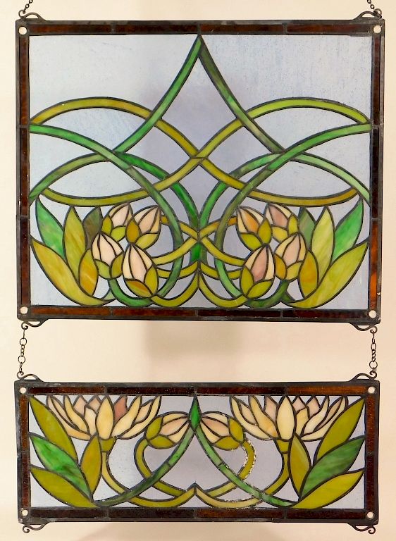 Appraisal: Fine Lily Flower Stained Glass Window Panels United States Mid