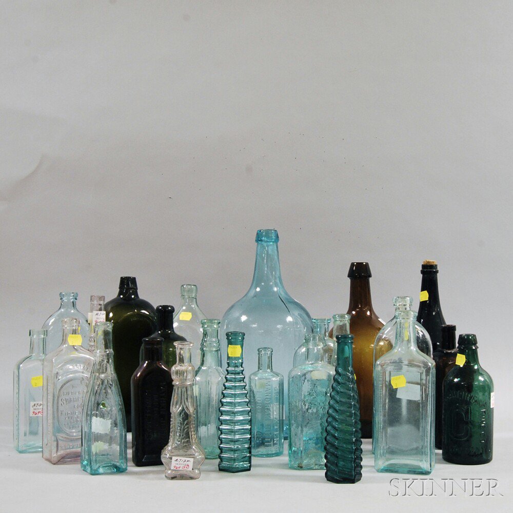 Appraisal: Twenty-four Assorted Bottles including a tapered olive green spirits bottle