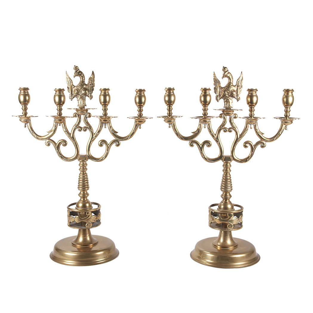 Appraisal: Pair of Continental Brass Four-Light Candelabra Each with scrolling candle