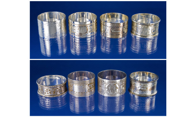 Appraisal: Collection of Eight Assorted Silver Napkin Holders All fully hallmarked