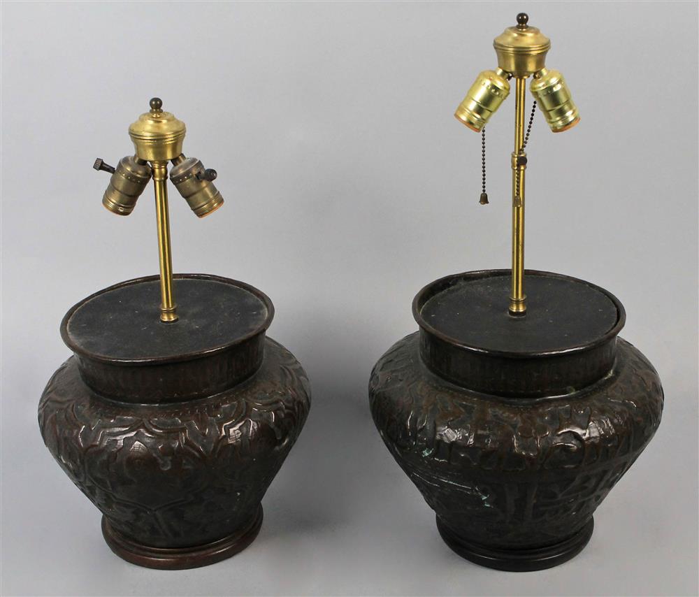 Appraisal: PAIR OF BRONZED-METAL VASES the large high-shouldered vases molded with