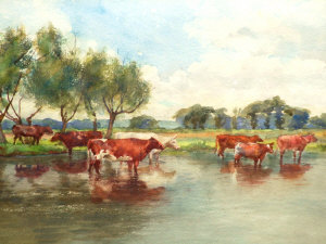 Appraisal: Adrian Scott Stokes - - Cattle in a river and