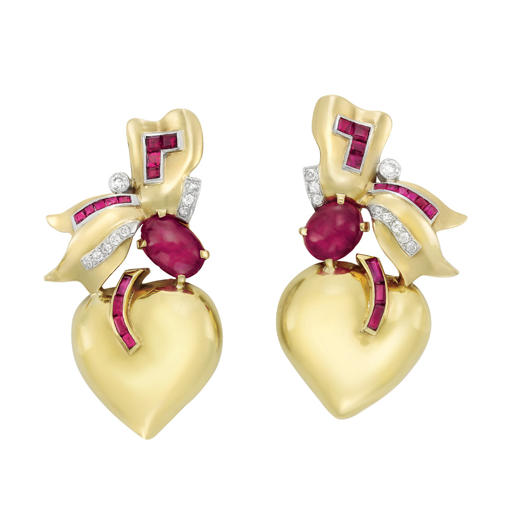 Appraisal: Pair of Gold Platinum Cabochon Ruby Ruby and Diamond Clip-Brooches